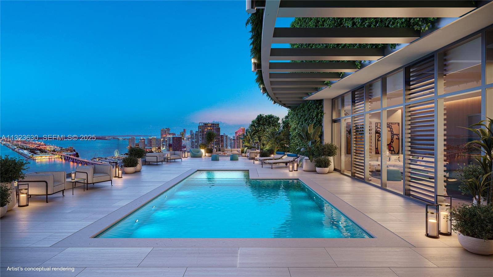 This artist's conceptual rendering shows an outdoor terrace with a swimming pool overlooking a city — 1400 Biscayne Boulevard # 4803, Miami FL 33132, MIAMI, FL