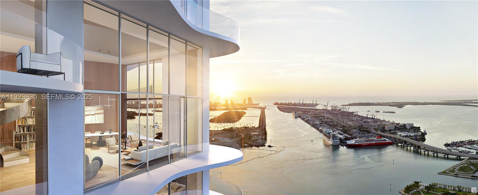 This architectural rendering shows a modern high-rise apartment interior overlooking a harbor at sunset — 1400 Biscayne Boulevard # 4803, Miami FL 33132, MIAMI, FL