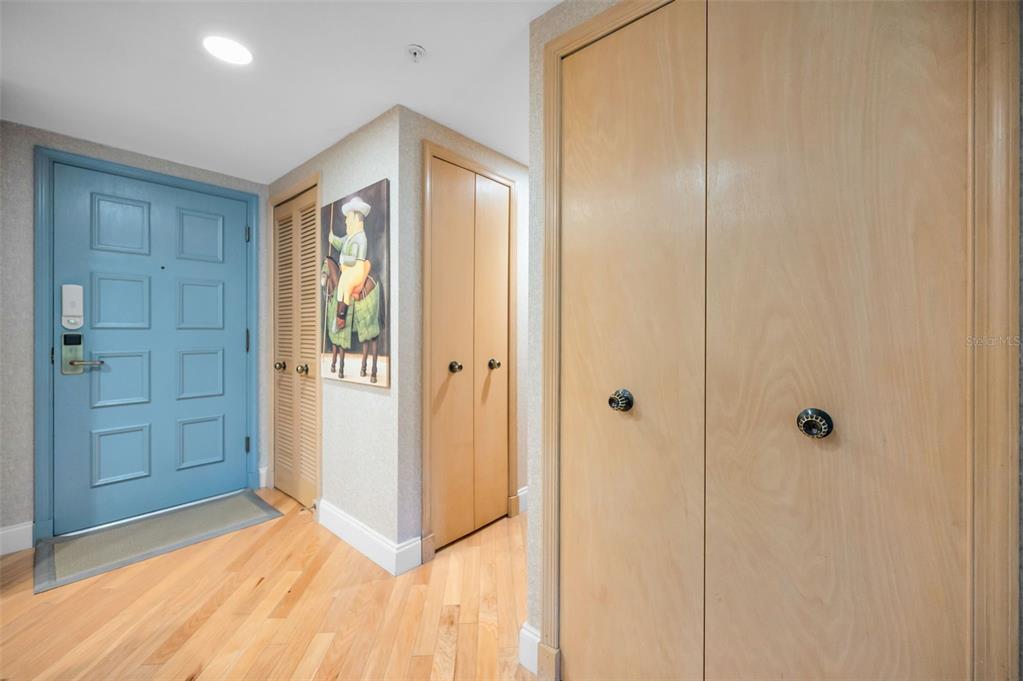 An entryway features a blue door, light wood flooring, and several wooden closet doors — 36750 US HIGHWAY 19 N UNIT 20-117, PALM HARBOR, FL