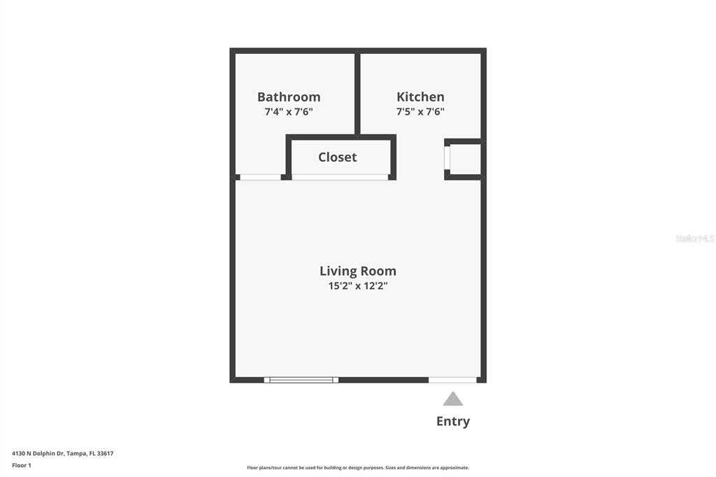 This is a floor plan for a studio apartment with a living room, kitchen, and bathroom — 4130 DOLPHIN DRIVE UNIT 203, TAMPA, FL