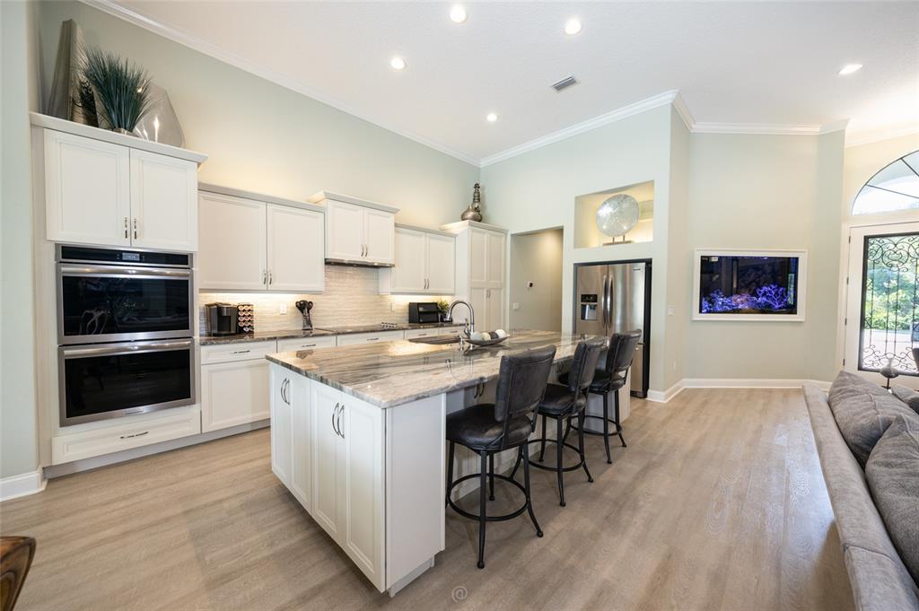A modern kitchen features white cabinetry, a stone-topped island, and a built-in wall aquarium — 478 SWEETGUM LANE, PALM COAST, FL