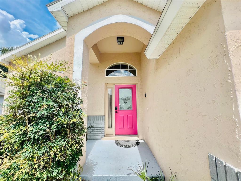 A bright pink front door is set within a covered entryway with a light-colored stucco exterior — 2565 BEAR CREEK COURT, KISSIMMEE, FL