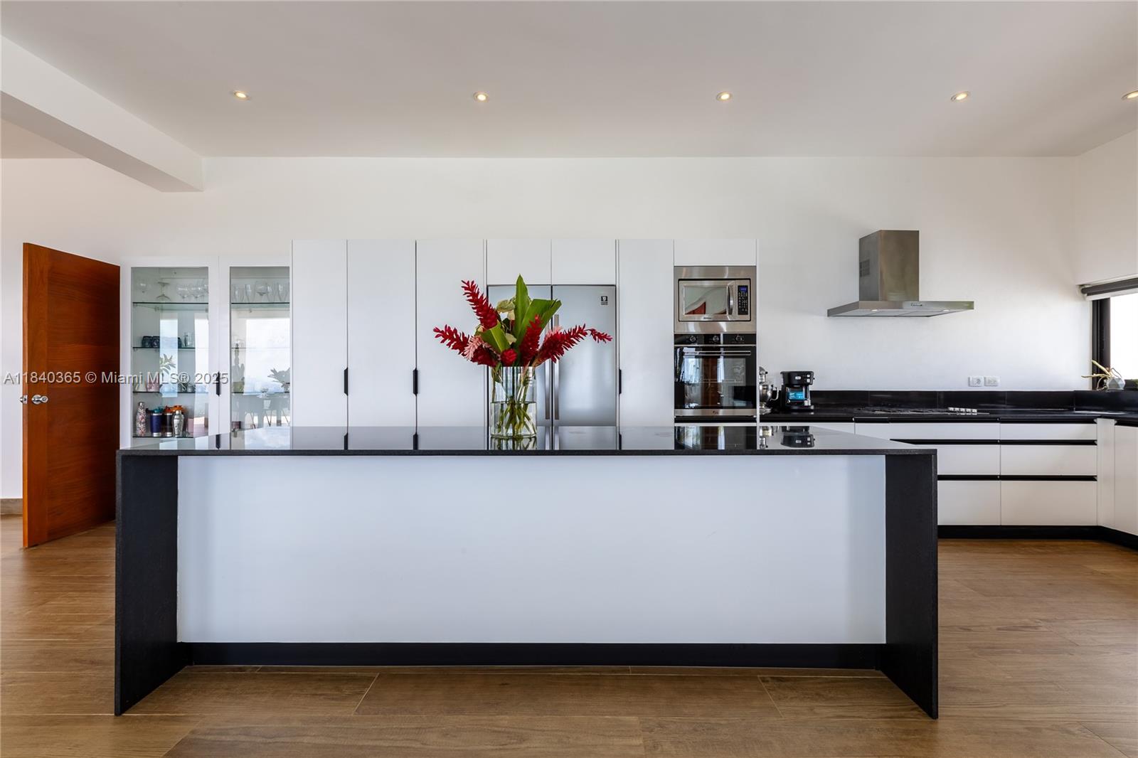 A modern kitchen features a large black-topped island, white cabinetry, and stainless steel appliances — Palmar de los Nidos LAS TERRENAS, SAMANA, FL 32000, FL