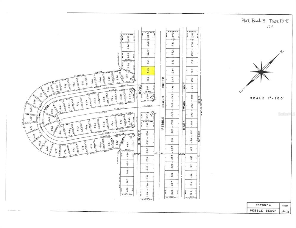 This is a land plat map showing numbered residential lots along Pebble Beach Creek Lane — 219 BUNKER ROAD, ROTONDA WEST, FL