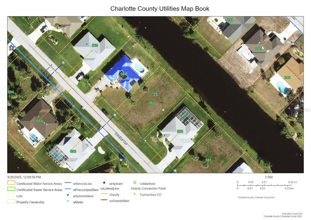 This is a utility map showing property lots, water service lines, and sewer mains — 219 BUNKER ROAD, ROTONDA WEST, FL
