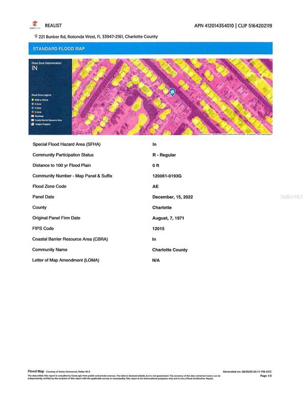 This is a standard flood map report for a property in Charlotte County, Florida — 219 BUNKER ROAD, ROTONDA WEST, FL