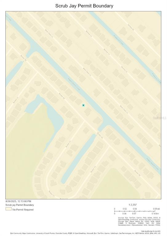 This is a map showing a property location within a Scrub Jay permit boundary area — 219 BUNKER ROAD, ROTONDA WEST, FL