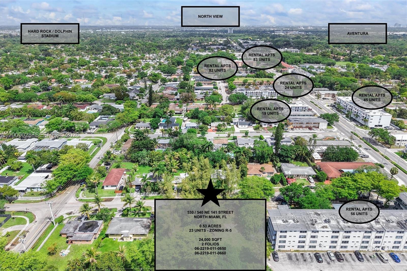 This aerial view shows a residential neighborhood with labels highlighting various apartment complexes and properties — 530 NE 141st St, North Miami FL 33161, NORTH MIAMI, FL