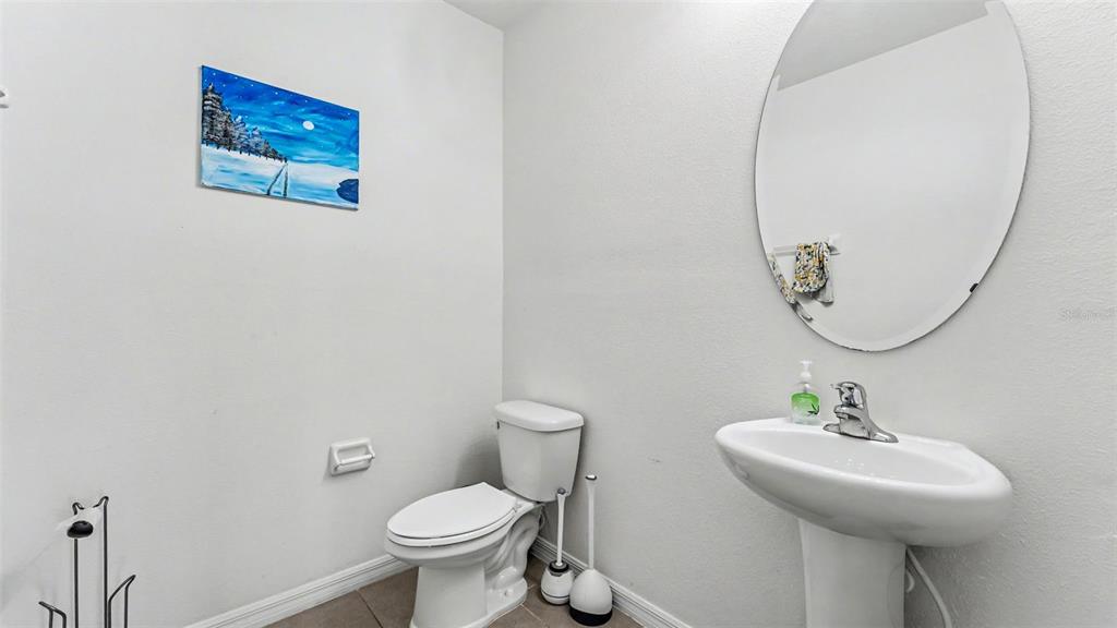 A half bathroom features a pedestal sink, an oval mirror, and a toilet — 3509 DIAMOND LEAF COURT, VALRICO, FL