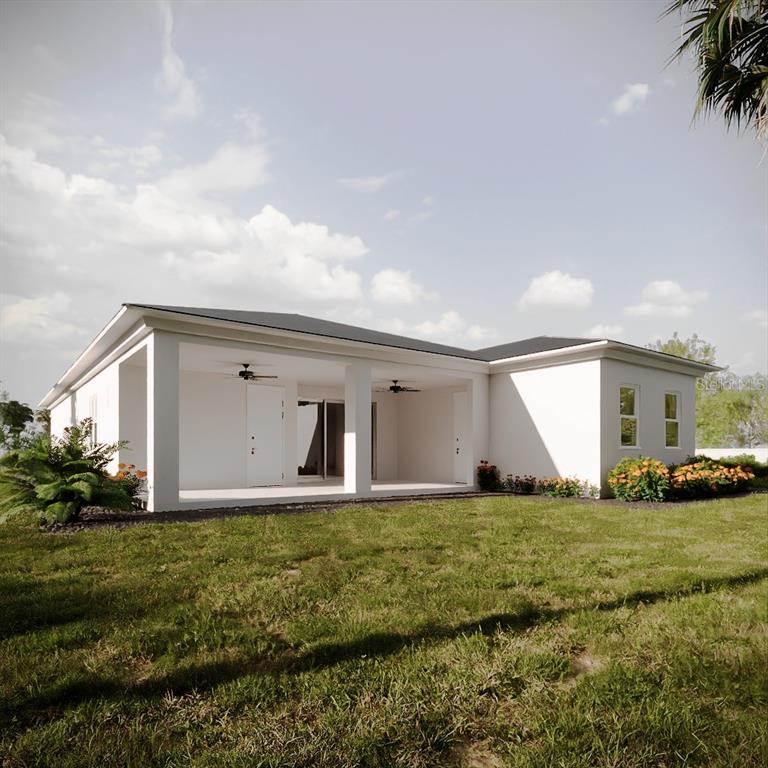 This is a digital rendering of the exterior rear view of a single-story white house — 3460 PALESTINE ROAD, NORTH PORT, FL