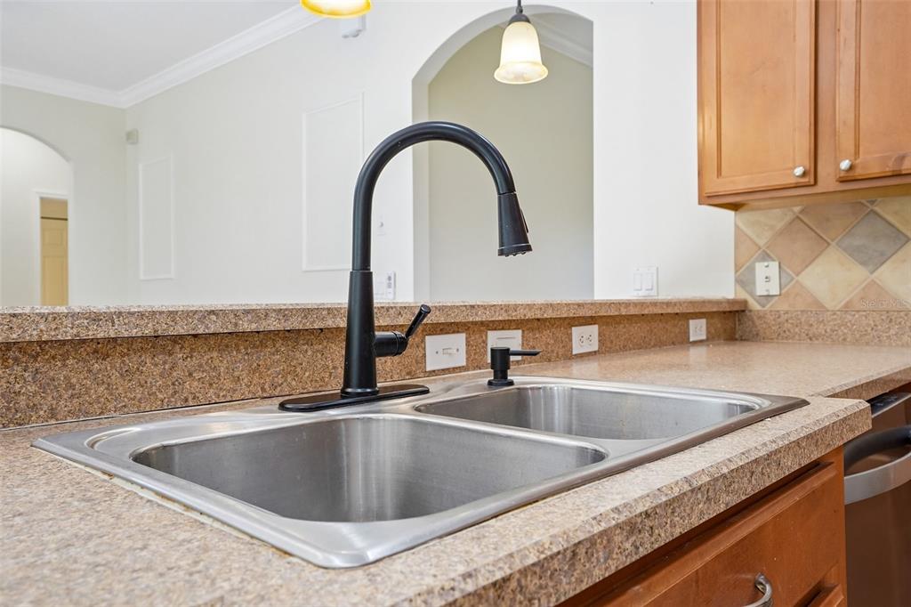 A kitchen sink with a black faucet is set into a tan speckled countertop — 2331 CARNATION HILL COURT, ORLANDO, FL