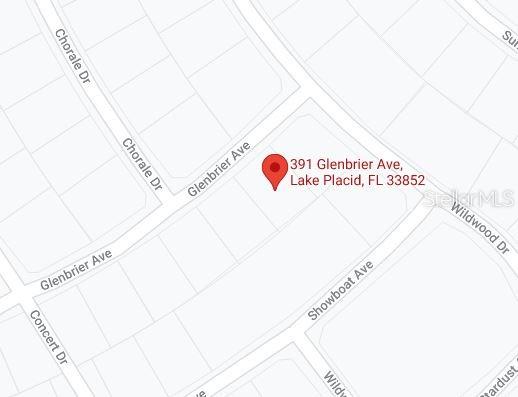 This is a map showing the location of a property on Glenbrier Avenue — 391 CARTIER AVENUE, LAKE PLACID, FL