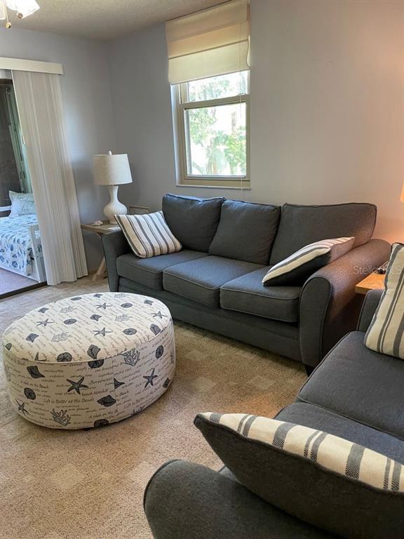 A living room features a gray sofa, a patterned round ottoman, and a nearby bedroom — 206 LAKEWOOD DRIVE UNIT 206, BRADENTON, FL