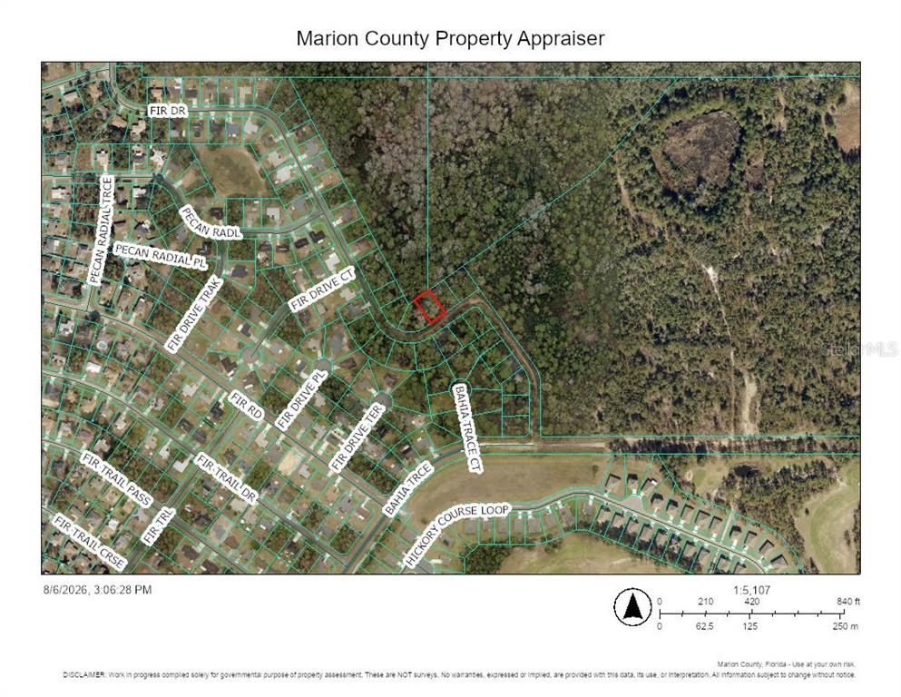 This is a property appraiser map showing residential lots and streets in a neighborhood — TBD FIR DRIVE, OCALA, FL