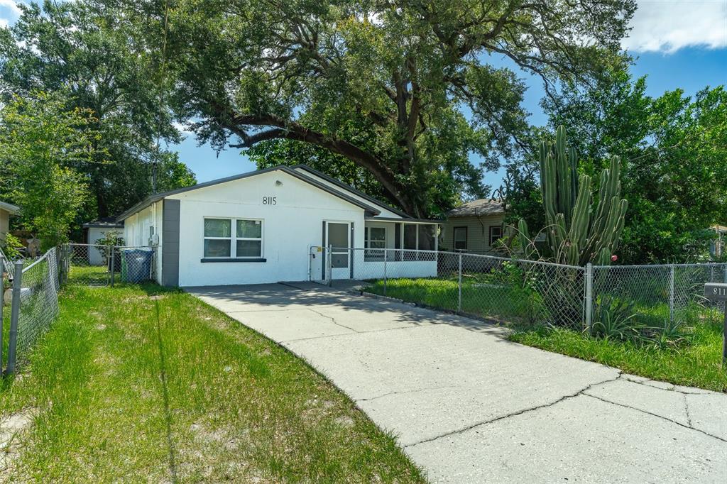 A white single-story house with a concrete driveway and a large tree in the yard — 8115 N SEMMES STREET, TAMPA, FL