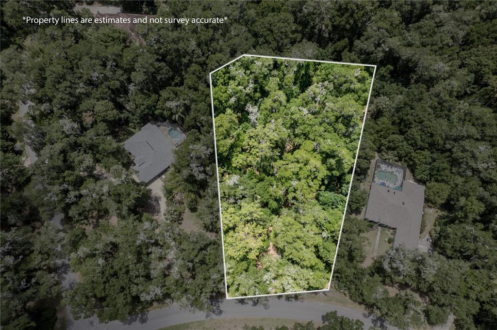 An aerial view shows a wooded, trapezoidal lot situated between two houses with pools — Lot 6 SW 186 CIRCLE, DUNNELLON, FL