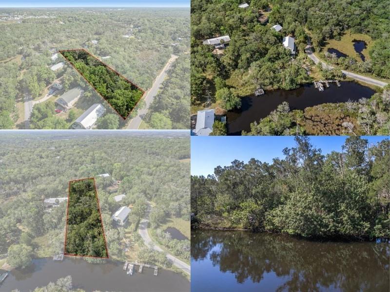 A composite image shows aerial views of a wooded waterfront lot and its surrounding area — 11681 W NORTH PLACE, HOMOSASSA, FL
