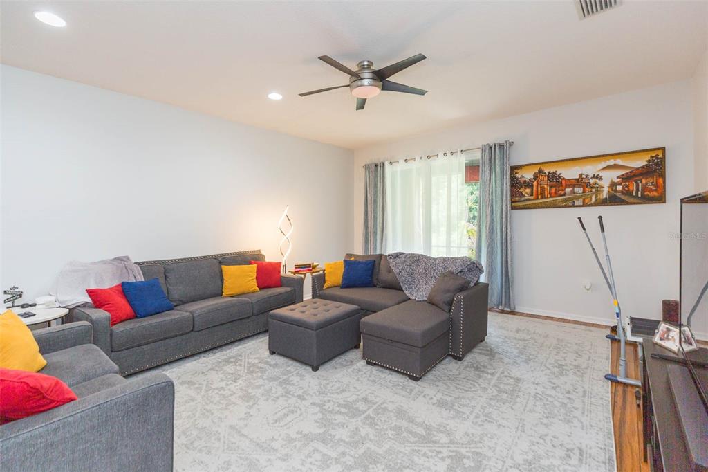 A living room featuring gray sofas, a patterned area rug, and a ceiling fan — 18136 NASSAU POINT DRIVE, TAMPA, FL