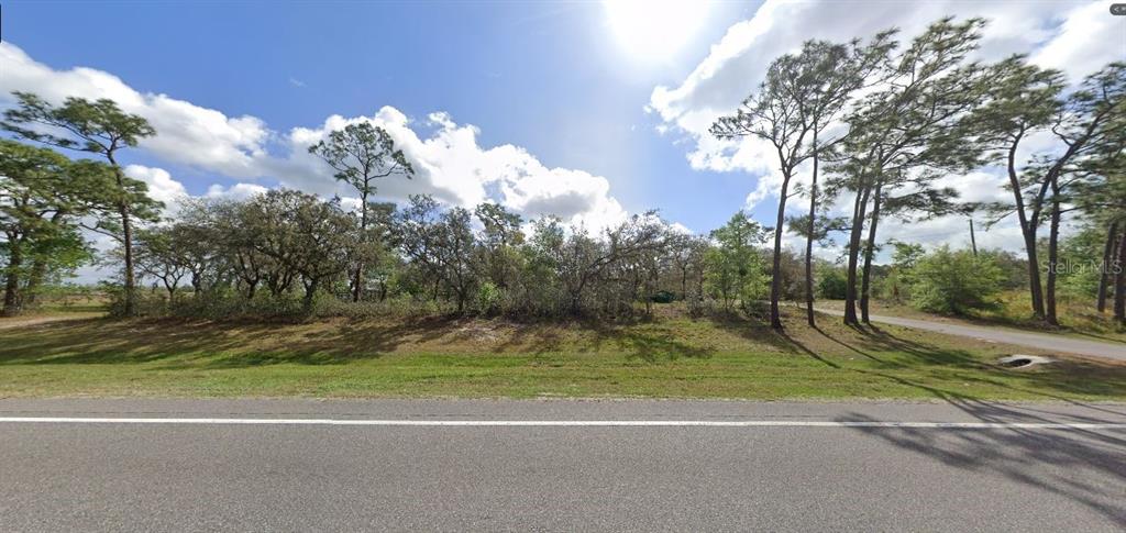 A vacant, wooded lot sits alongside a paved road under a bright, cloudy sky — COMMONWEALTH AVENUE N, POLK CITY, FL