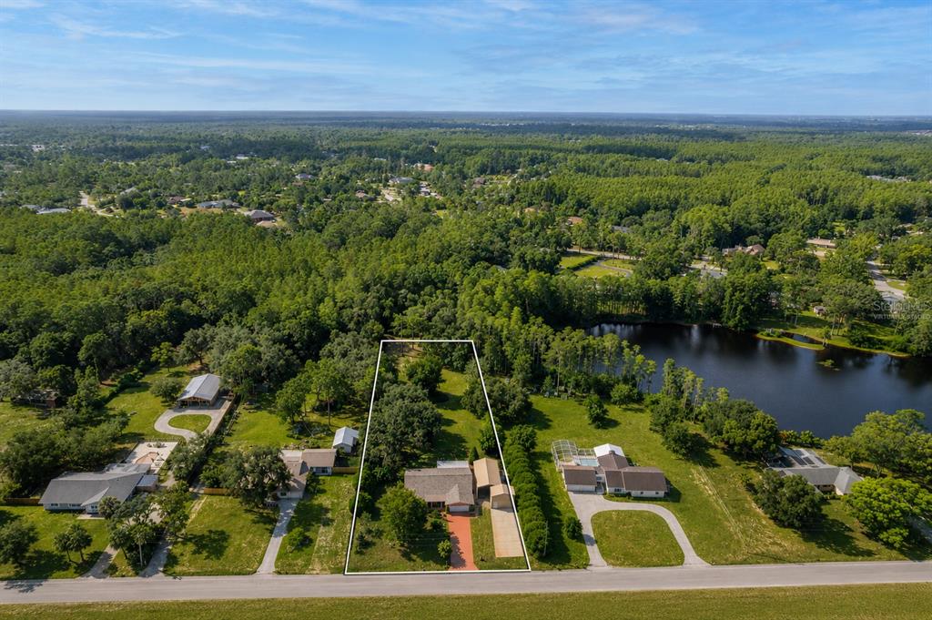 An aerial view shows a single-story house on a wooded lot next to a pond — 8270 SYCAMORE DRIVE, NEW PORT RICHEY, FL