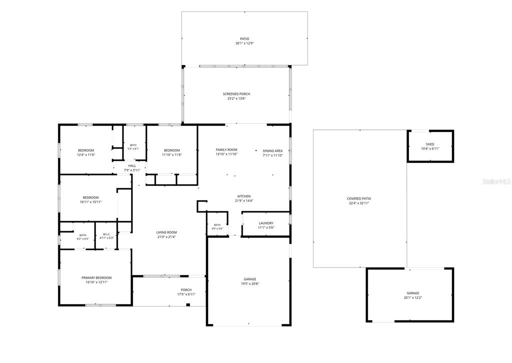 This floor plan shows a house with four bedrooms, a garage, and a large outdoor patio — 8270 SYCAMORE DRIVE, NEW PORT RICHEY, FL