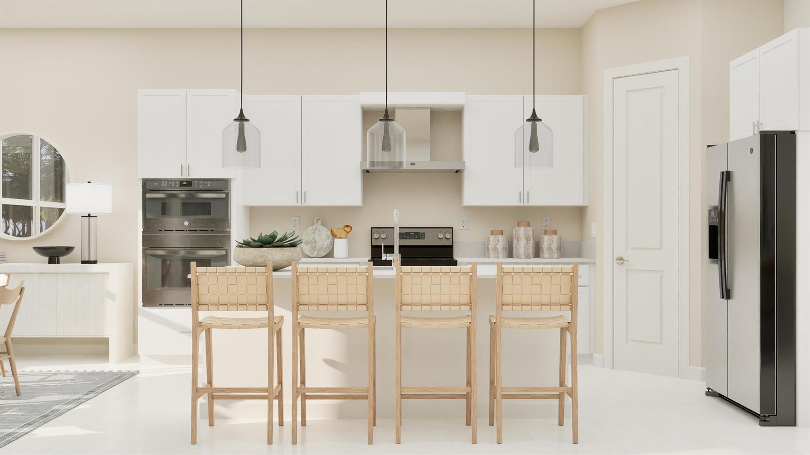 This is a rendering of a modern kitchen featuring white cabinetry, stainless appliances, and bar seating — 1026 Raleigh Way, Wellington FL 33414, WELLINGTON, FL