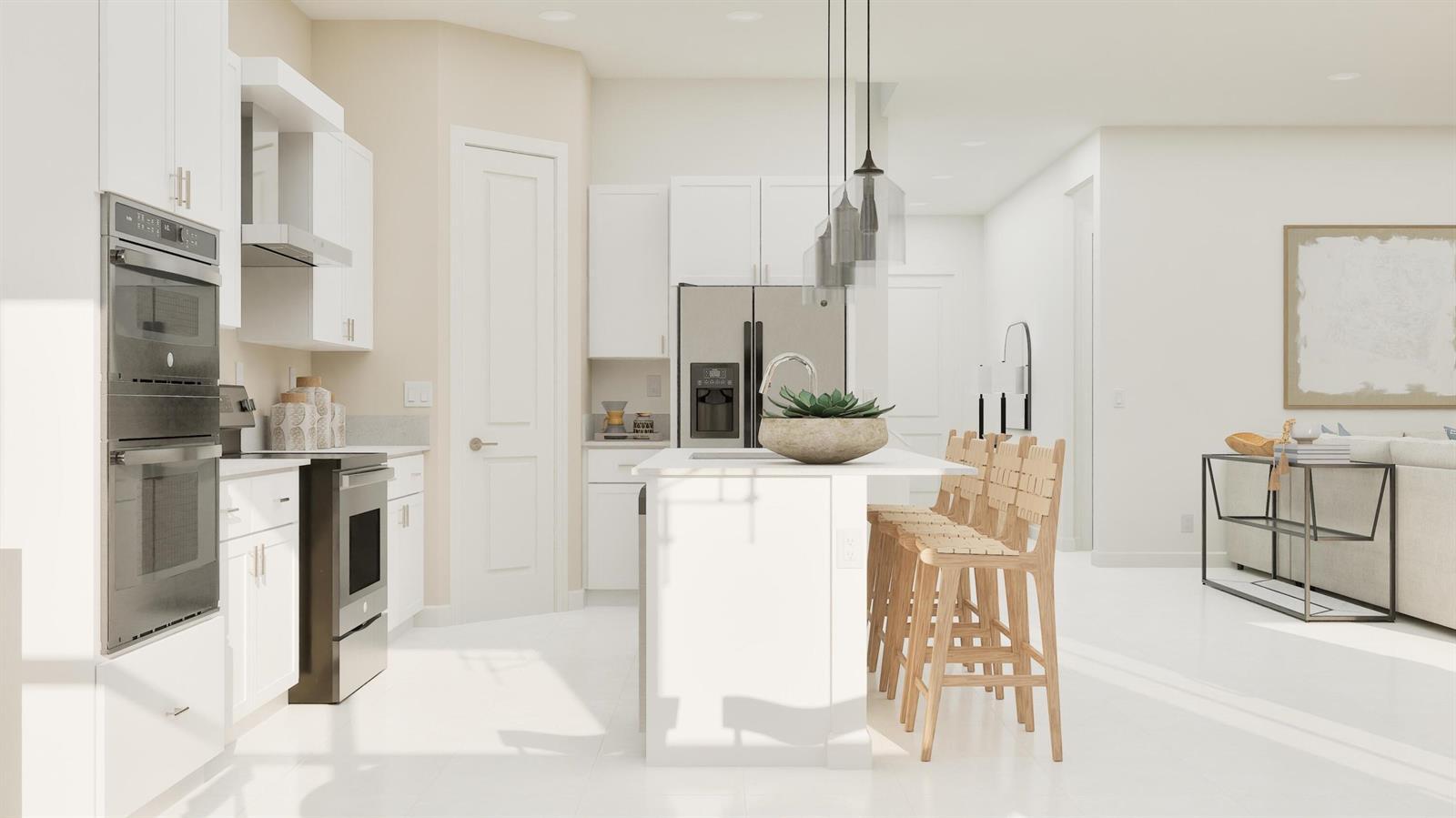 This is a rendering of a modern white kitchen featuring an island with bar seating — 1026 Raleigh Way, Wellington FL 33414, WELLINGTON, FL