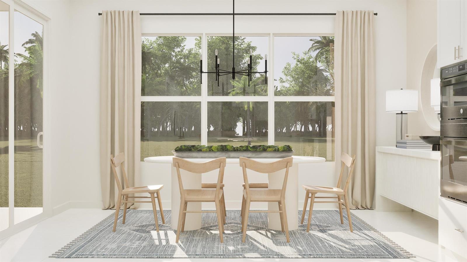 This rendering shows a dining room with a wooden table, four chairs, and large windows — 1026 Raleigh Way, Wellington FL 33414, WELLINGTON, FL
