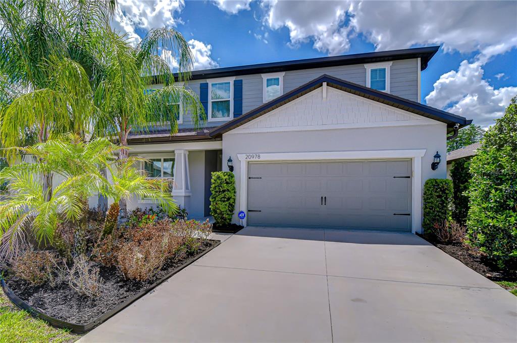 A two-story suburban house with a gray garage, light-colored siding, and a palm tree — 20978 MONZA LOOP, LAND O LAKES, FL