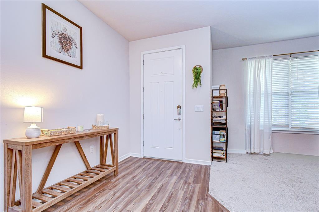 An entryway features a wood console table, a white door, and a carpeted living area — 20978 MONZA LOOP, LAND O LAKES, FL