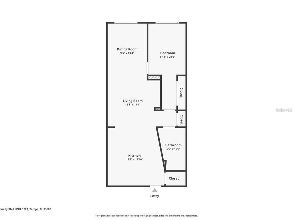 This is a floor plan of a one-bedroom apartment with a kitchen, living room, and bathroom — 1120 E KENNEDY BOULEVARD UNIT 827, TAMPA, FL