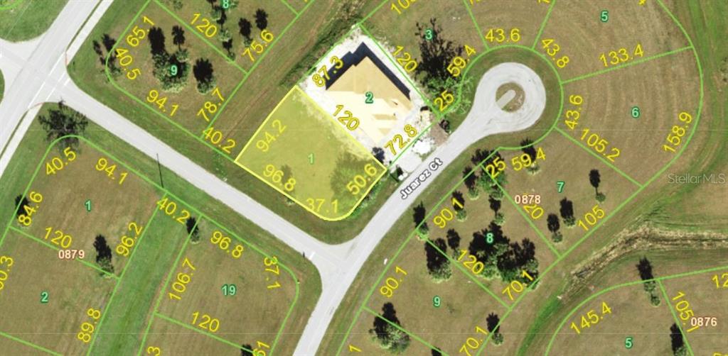 This is an aerial map showing residential lots and a cul-de-sac — 16269 JUAREZ CIRCLE, PUNTA GORDA, FL