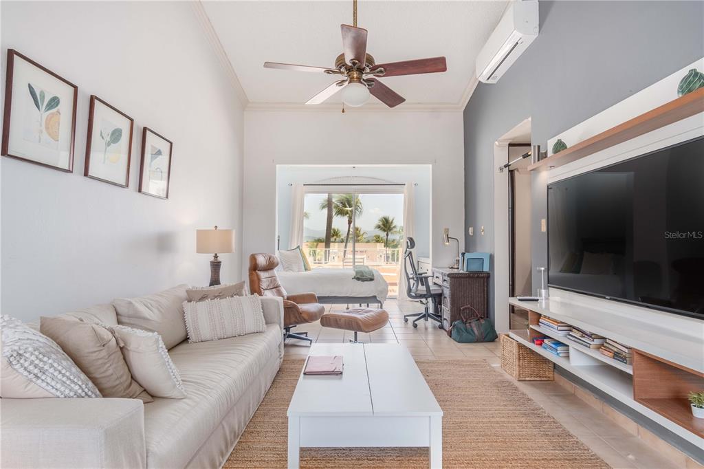 A living room with a sofa, coffee table, television, and an adjacent bedroom area — 150 CANDELERO DRIVE DRIVE UNIT 878-studio, HUMACAO, PR