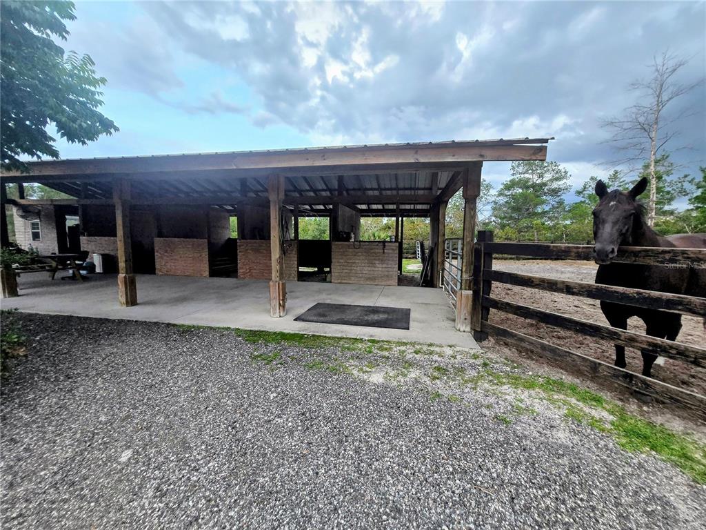A horse stands next to a wooden fence in front of a covered outdoor stable — 3130 LORI COURT, DELTONA, FL