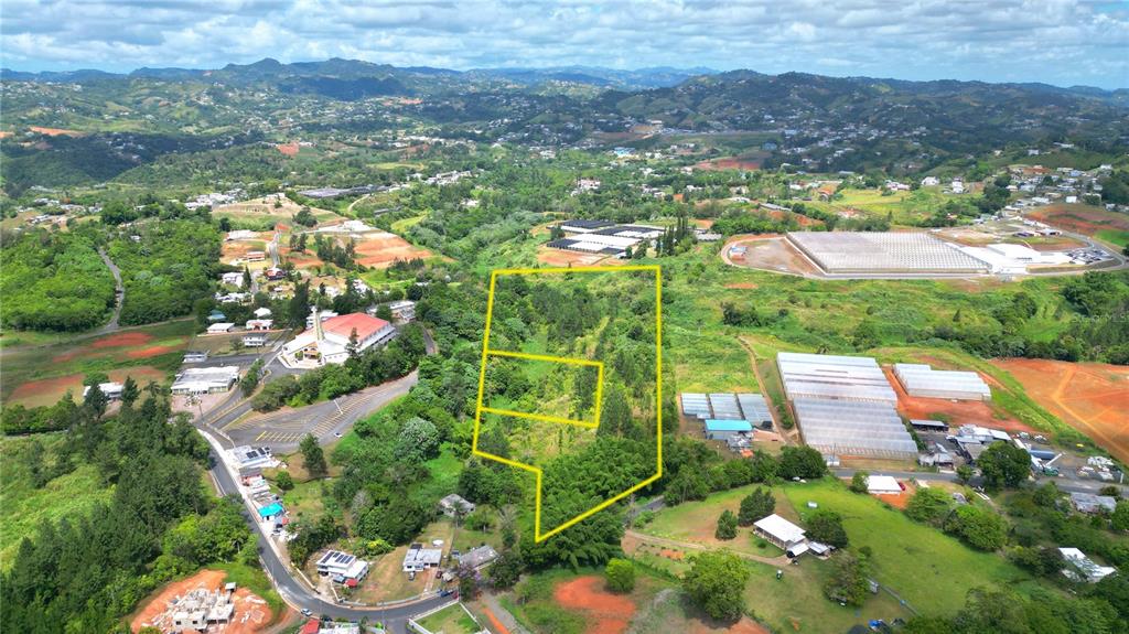 An aerial view shows a vacant, tree-covered lot outlined in yellow near a rural community — 779 St. QUEBRADILLAS, BARRANQUITAS, PR