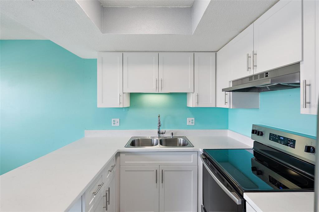 A kitchen features white cabinets, a double sink, and bright turquoise walls — 9895 1ST STREET E UNIT 9, TREASURE ISLAND, FL