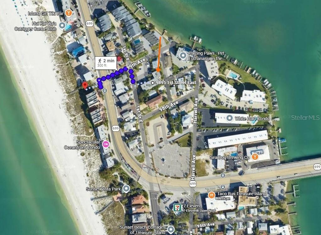 This is a satellite map showing a residential area near the beach and local businesses — 9895 1ST STREET E UNIT 9, TREASURE ISLAND, FL