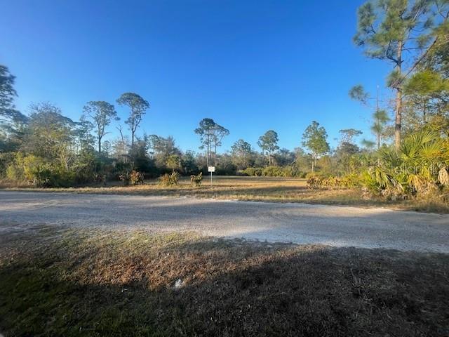 A vacant, grassy lot with scattered trees is viewed from a gravel road — 4930 PELICAN DRIVE, PUNTA GORDA, FL