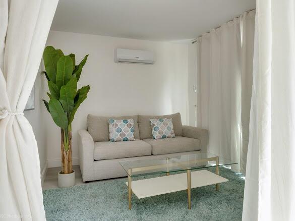 A living room features a beige sofa, glass coffee table, and a large potted plant — 1250 Arthur Street, Hollywood FL 33019, HOLLYWOOD, FL