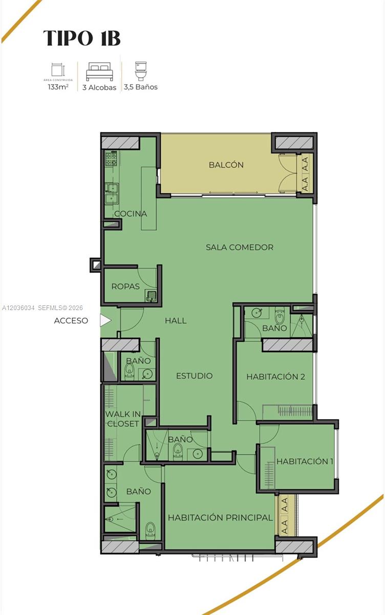 This floor plan shows a 133-square-meter apartment with three bedrooms, 3.5 bathrooms, and a balcony — AV. DEL RIO #78-521 # 2909, CO, CO