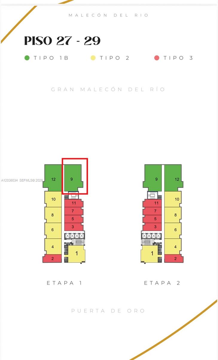 This is a floor plan showing the layout of units on floors 27 through 29 — AV. DEL RIO #78-521 # 2909, CO, CO