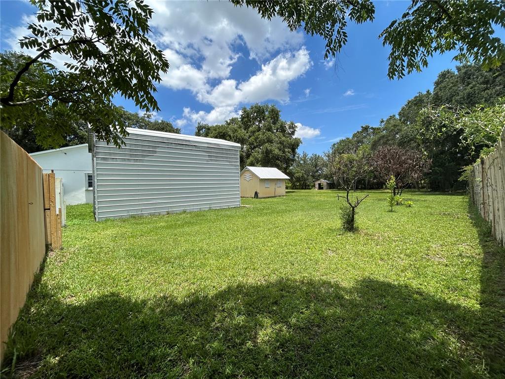 A large, grassy backyard features a metal shed, a small yellow building, and mature trees — 1671 FORD ROAD, MIMS, FL