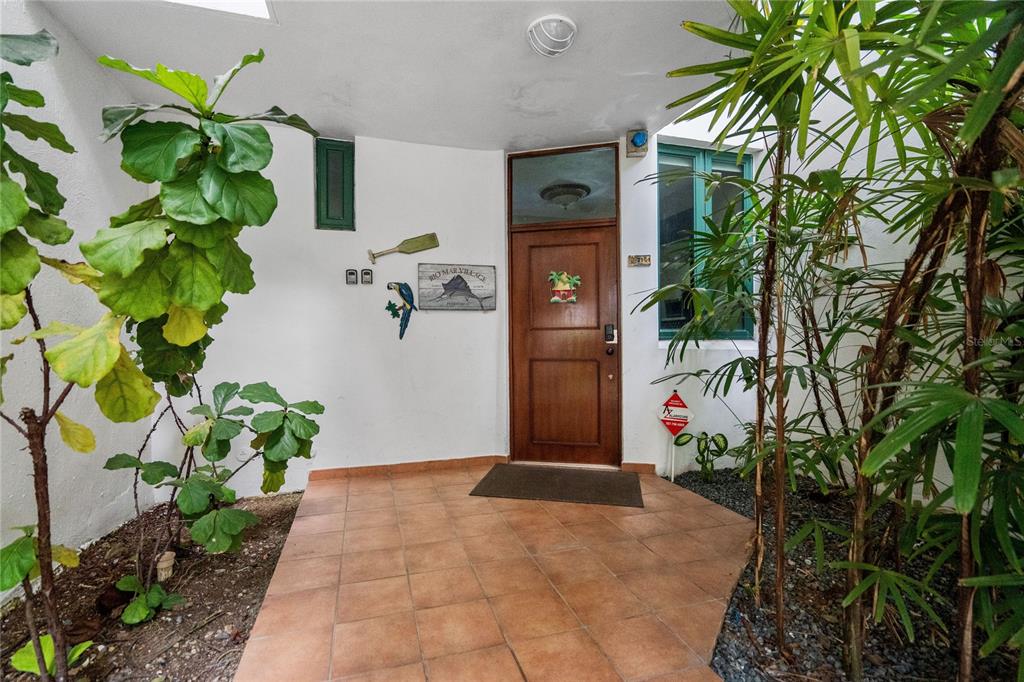 An outdoor entryway features a wooden door, tile flooring, and potted plants on both sides — 2101 RIO MAR VILLAGE, RIO GRANDE, PR
