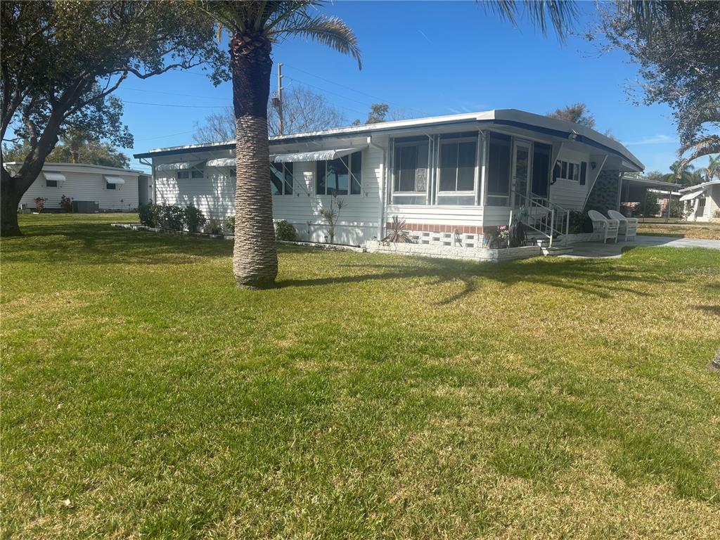 A white mobile home with a palm tree in the front yard — 105 FREEDOM COURT UNIT 30, PALM HARBOR, FL