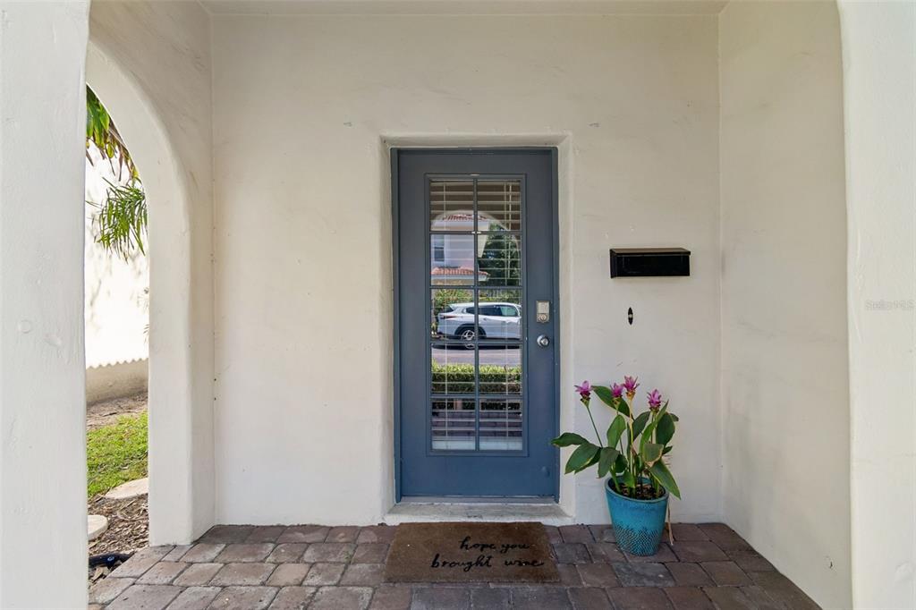 A blue front door with a glass pane sits under an arched entryway — 3125 SANTORINI COURT, TAMPA, FL