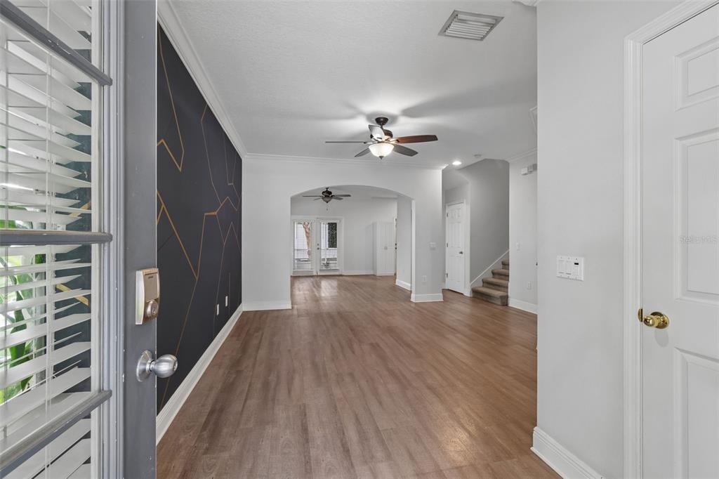 An entryway leads into a living area with wood-look flooring and a dark accent wall — 3125 SANTORINI COURT, TAMPA, FL
