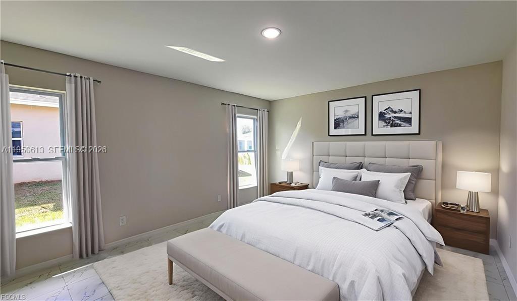 A bedroom features a tufted headboard, two windows with curtains, and light-colored tile flooring — 8038 Sunrise Cir., La Belle FL 33935, LA BELLE, FL