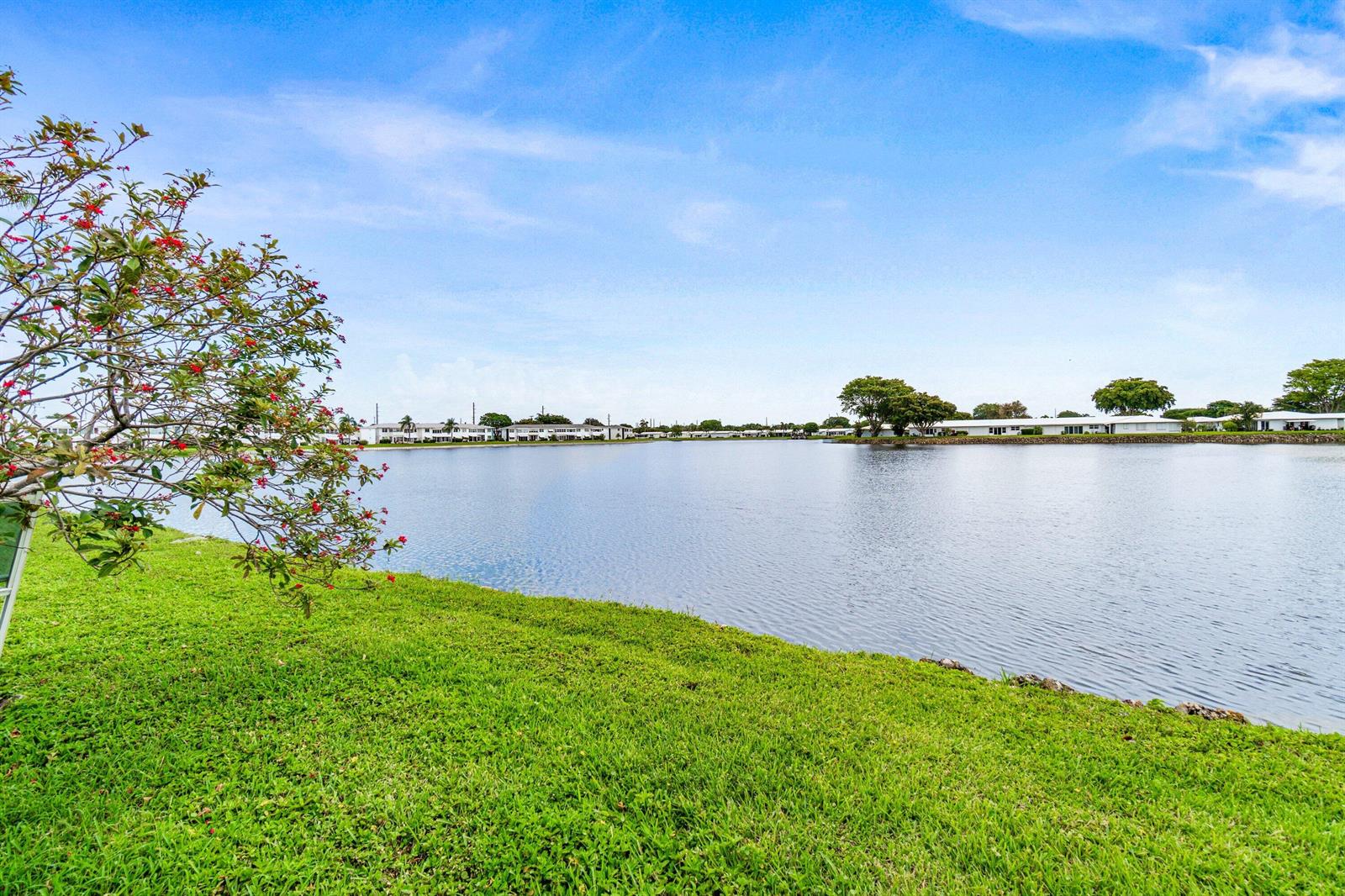 A grassy lawn overlooks a calm lake with residential buildings visible on the far shore — 1118 Lake Terrace # H, Boynton Beach FL 33426, BOYNTON BEACH, FL