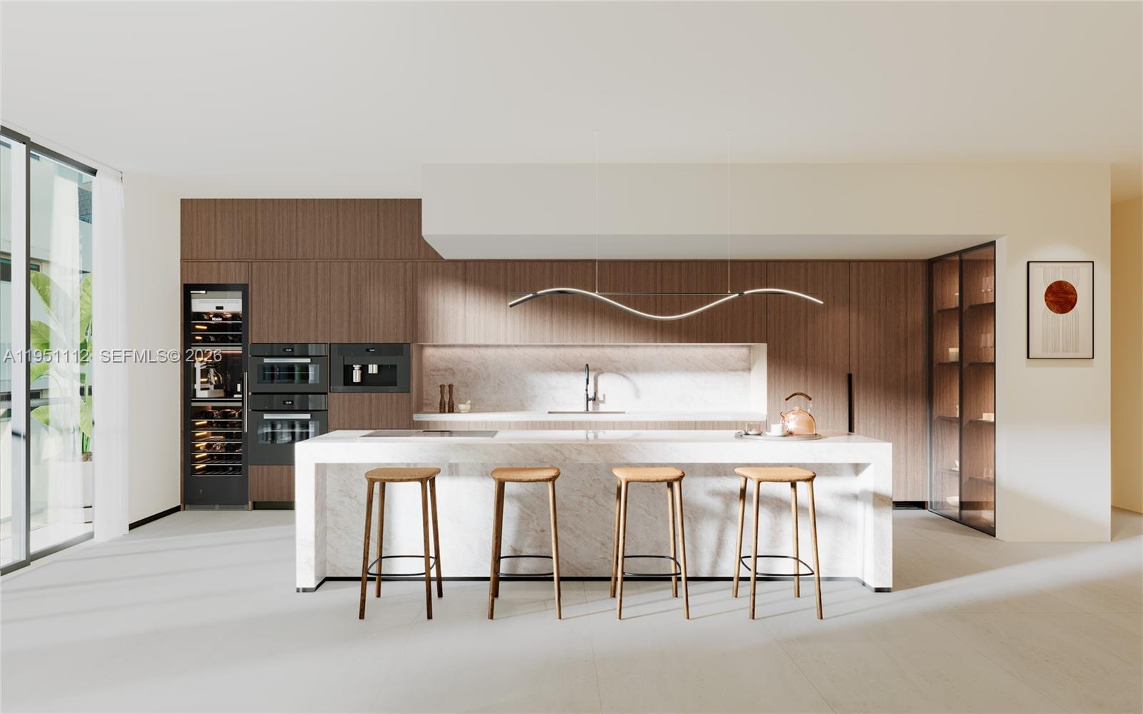 This rendering shows a modern kitchen with a marble island, wood cabinetry, and bar stools — 1160 101 St # 601, Bay Harbor Islands FL 33154, BAY HARBOR ISLANDS, FL