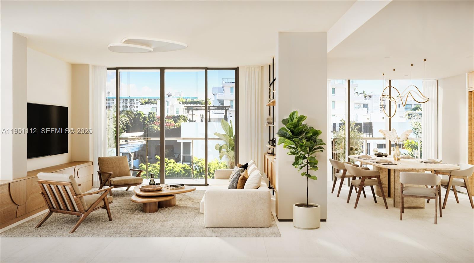 This rendering shows a modern open-concept living and dining area with floor-to-ceiling windows — 1160 101 St # 601, Bay Harbor Islands FL 33154, BAY HARBOR ISLANDS, FL